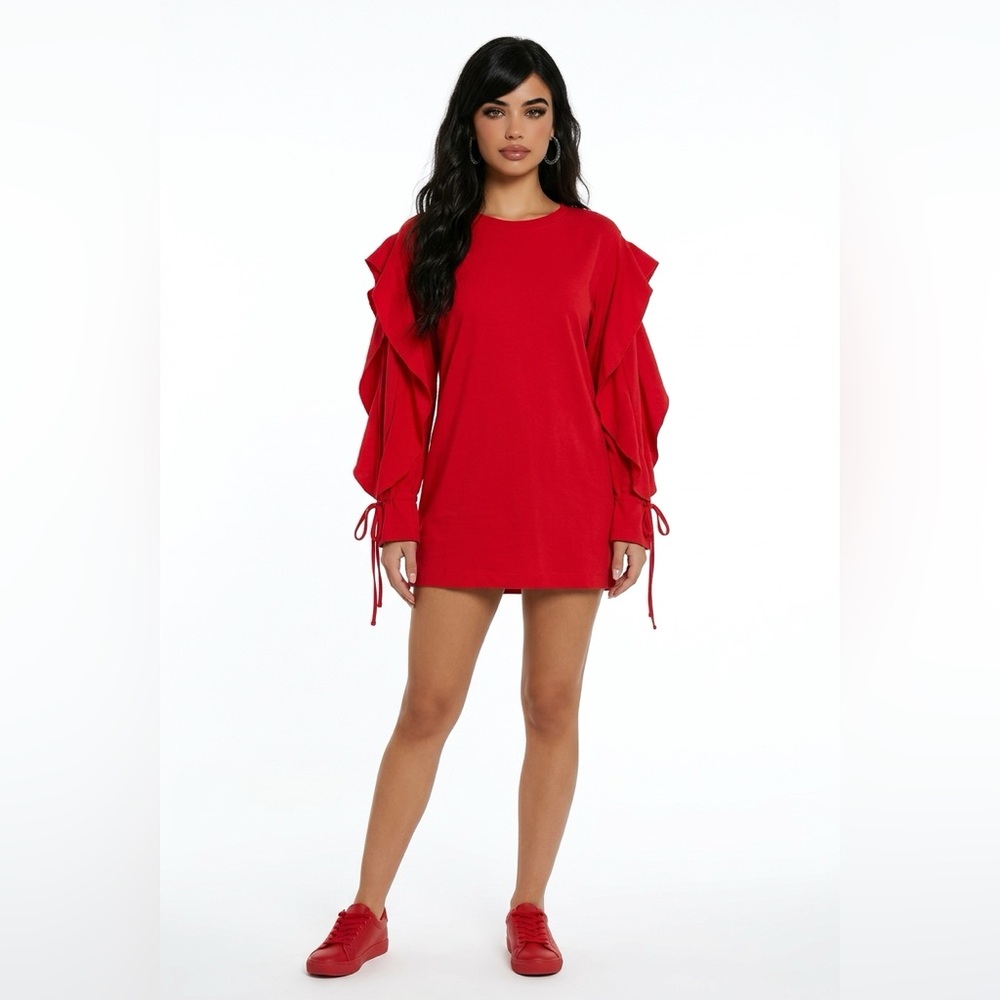 ZARA Woman Red Ruffle Split Sleeve Tunic Mini Dress Size L